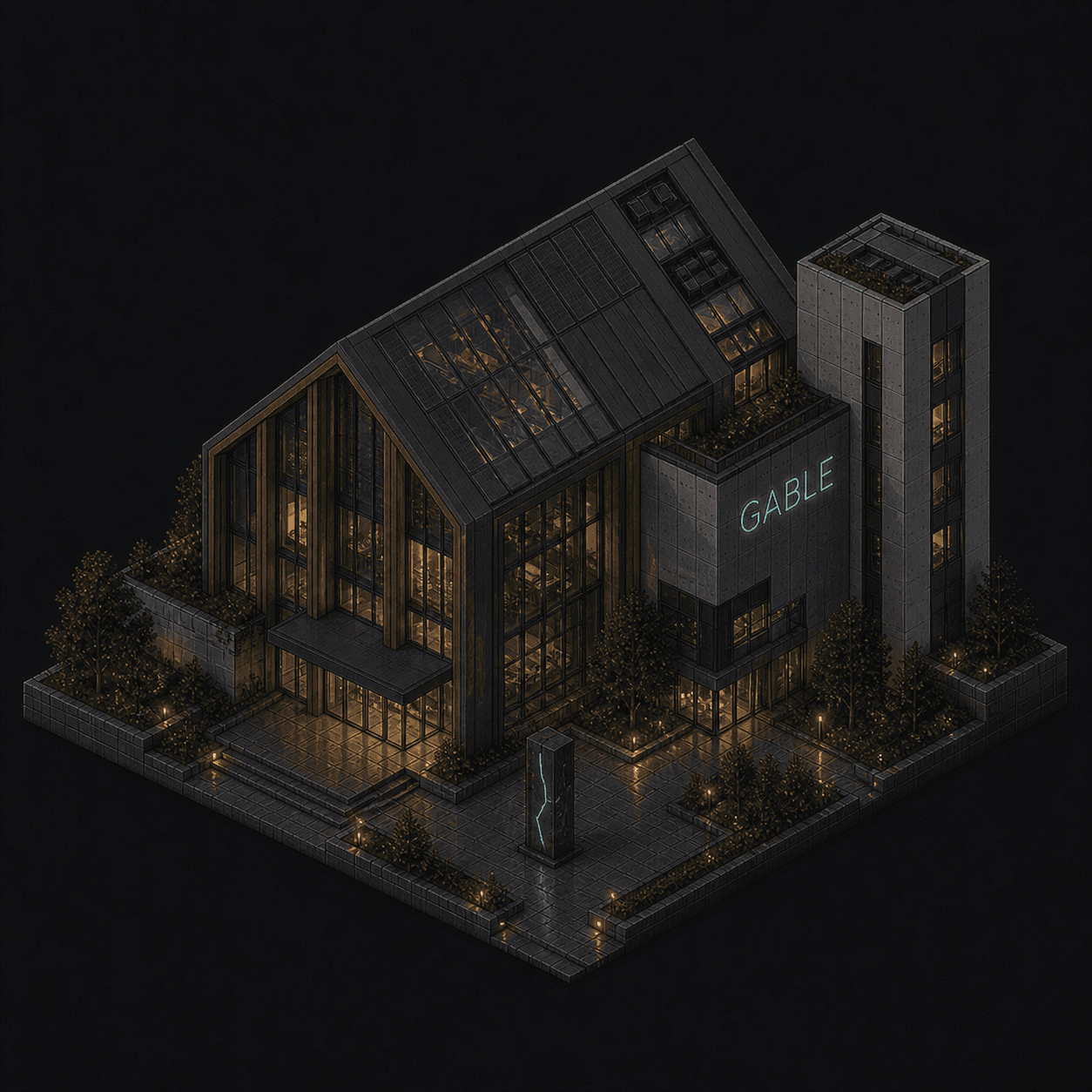 Isometric pixel-art headquarters of Gable