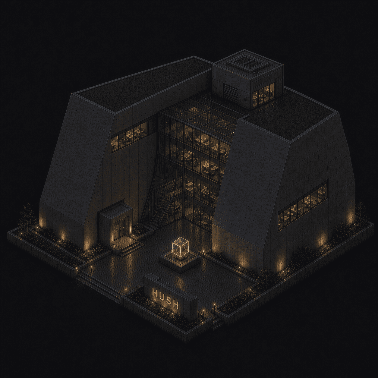 Isometric pixel-art headquarters of Hush