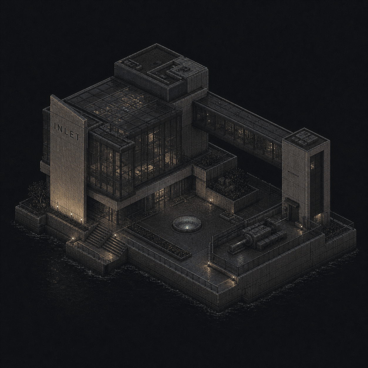 Isometric pixel-art headquarters of Inlet