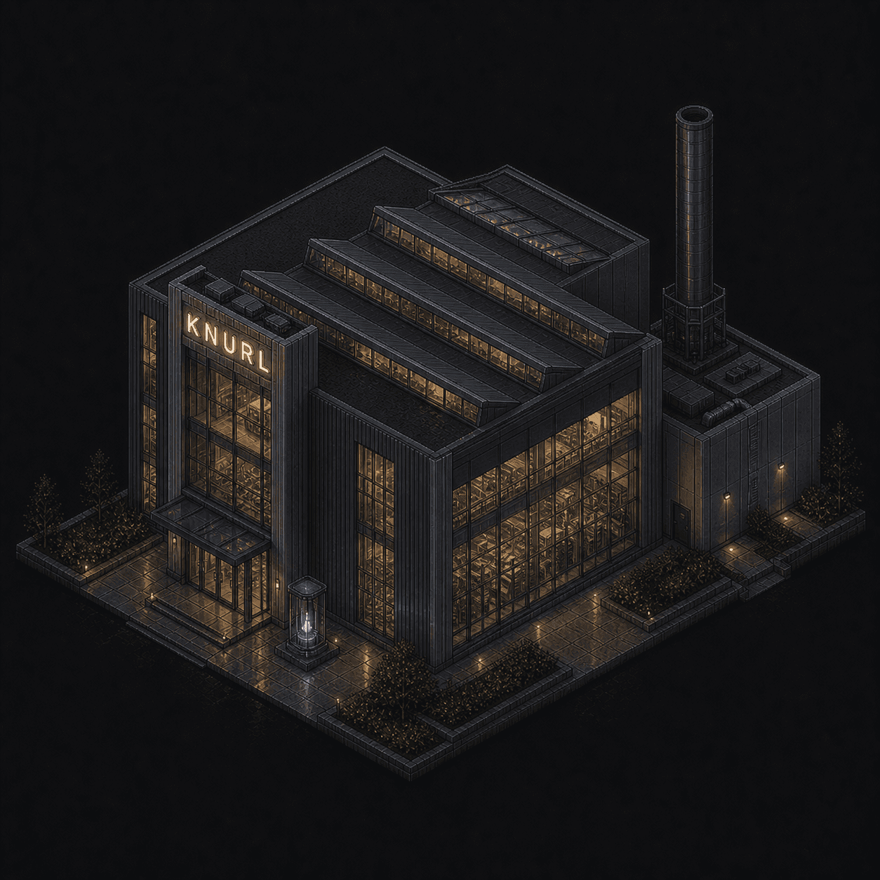 Isometric pixel-art headquarters of Knurl