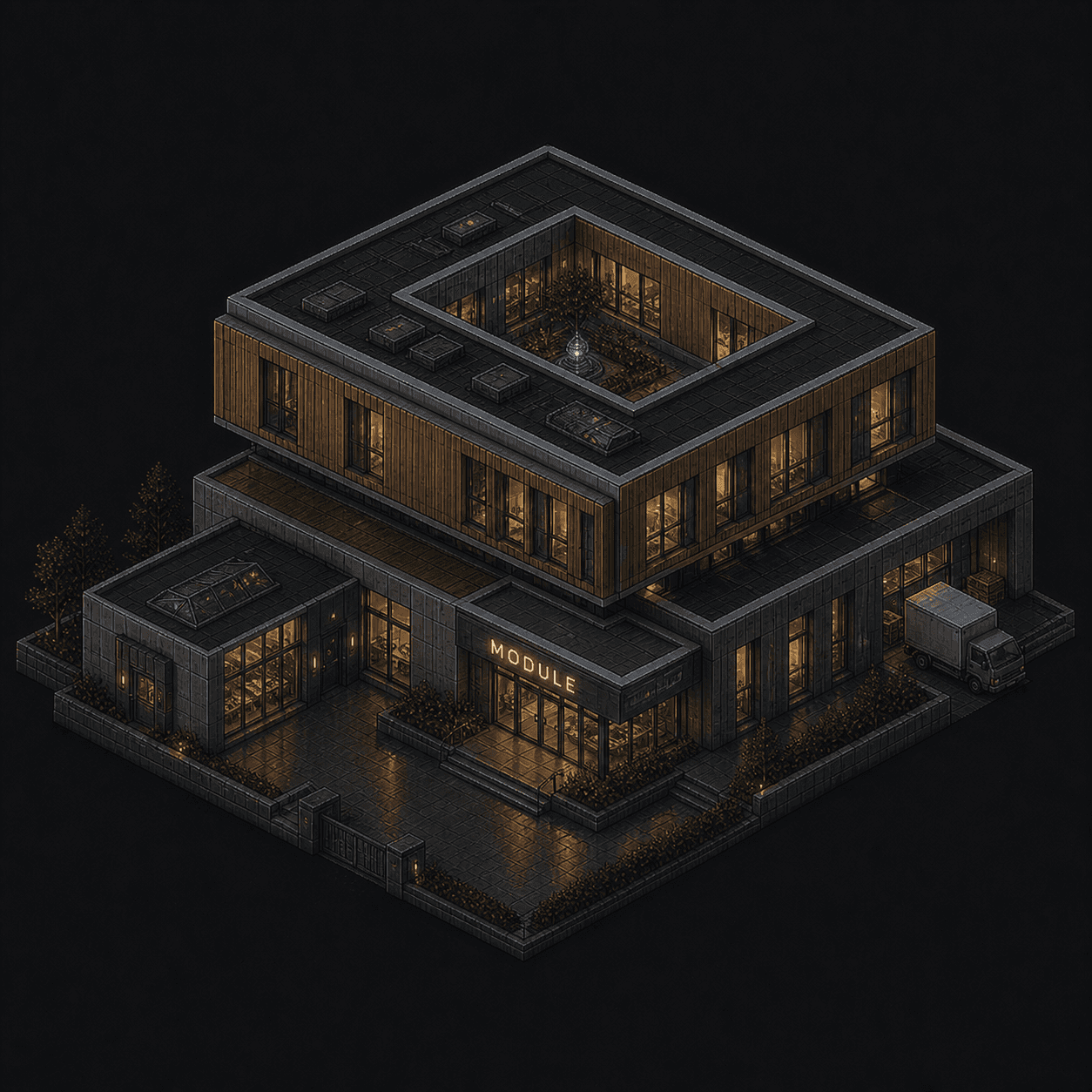 Isometric pixel-art headquarters of Module