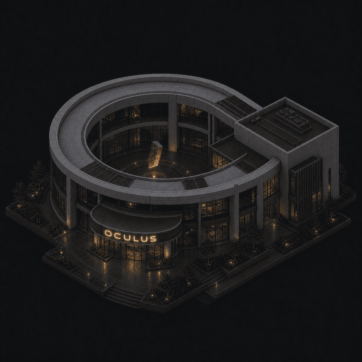 Isometric pixel-art headquarters of Oculus