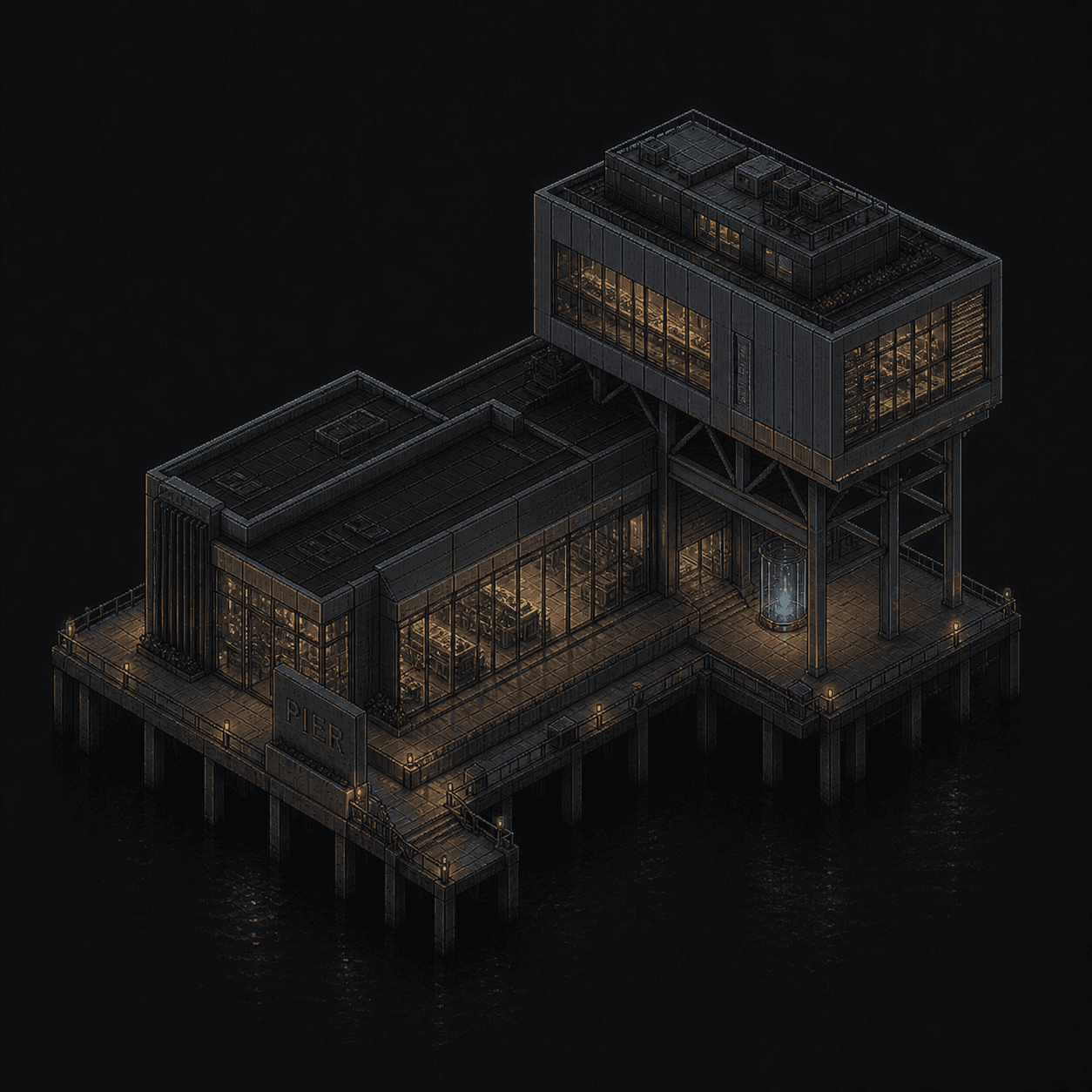 Isometric pixel-art headquarters of Pier