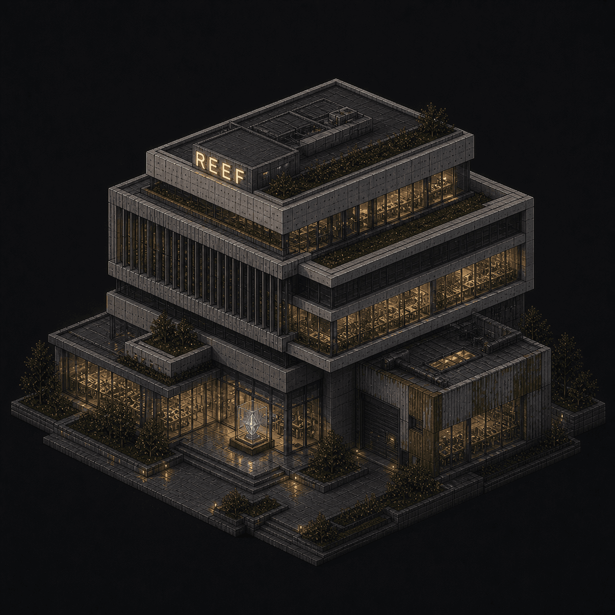 Isometric pixel-art headquarters of Reef