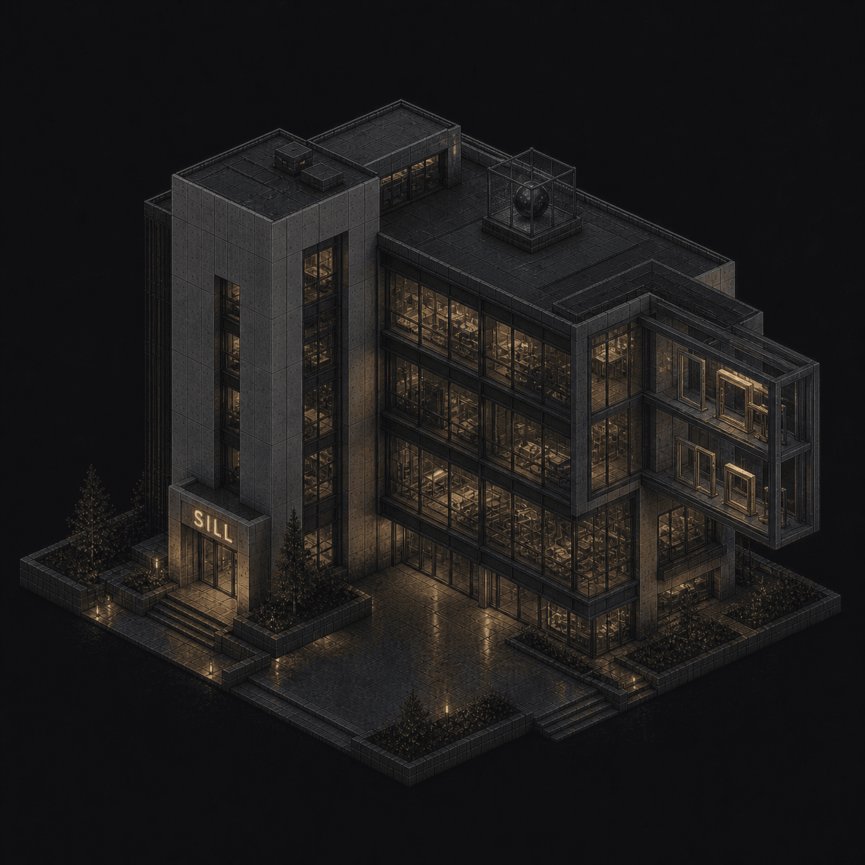Isometric pixel-art headquarters of Sill