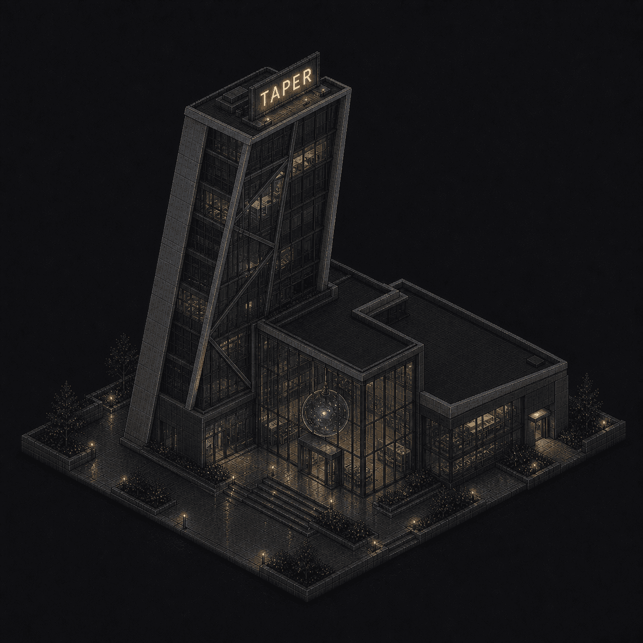 Isometric pixel-art headquarters of Taper