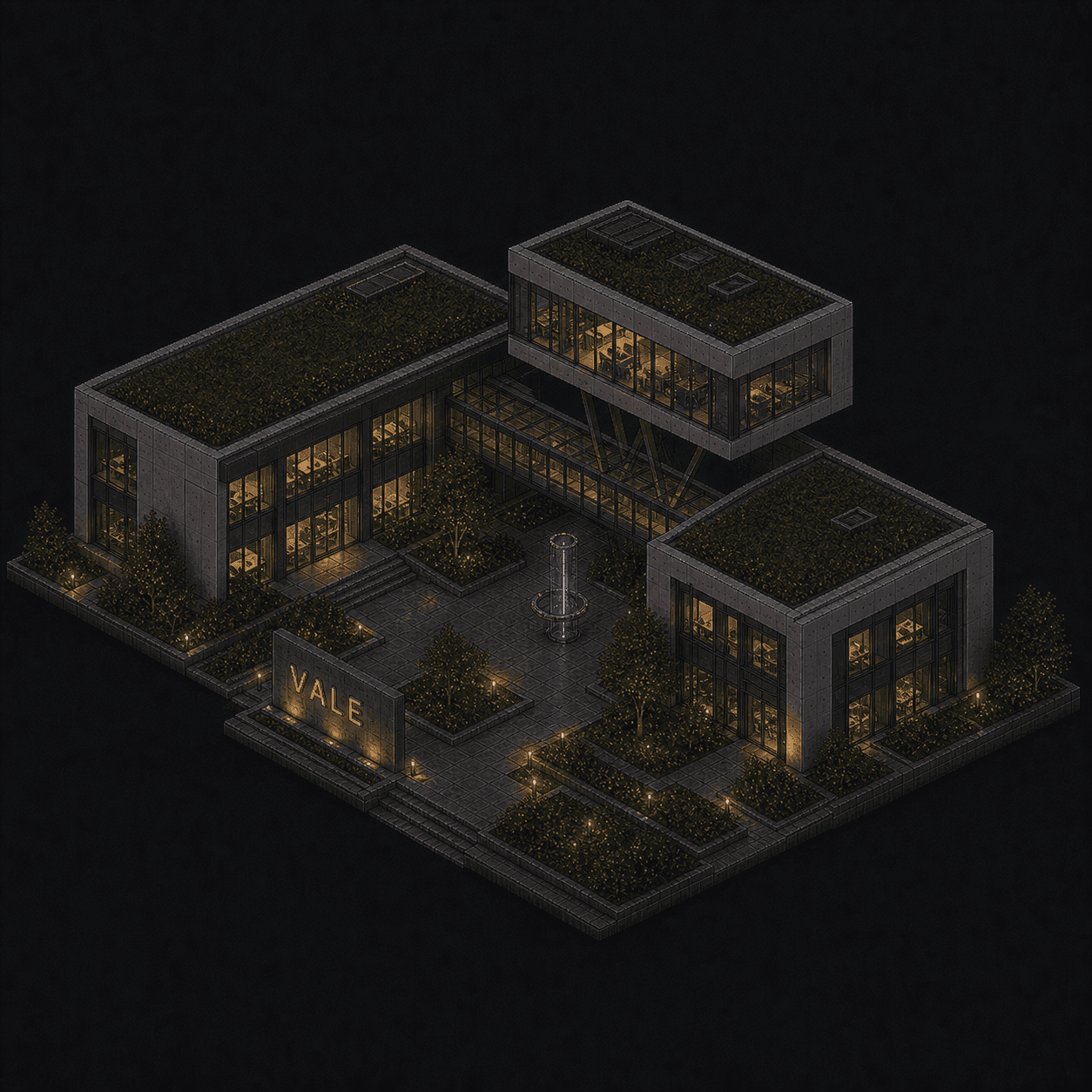 Isometric pixel-art headquarters of Vale