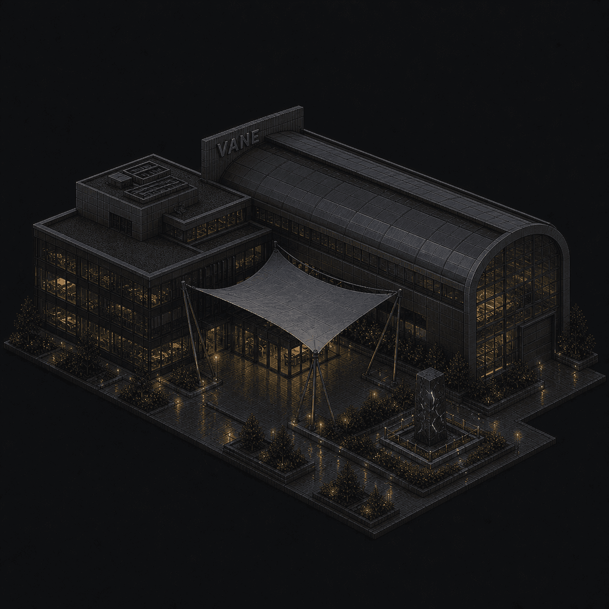 Isometric pixel-art headquarters of Vane