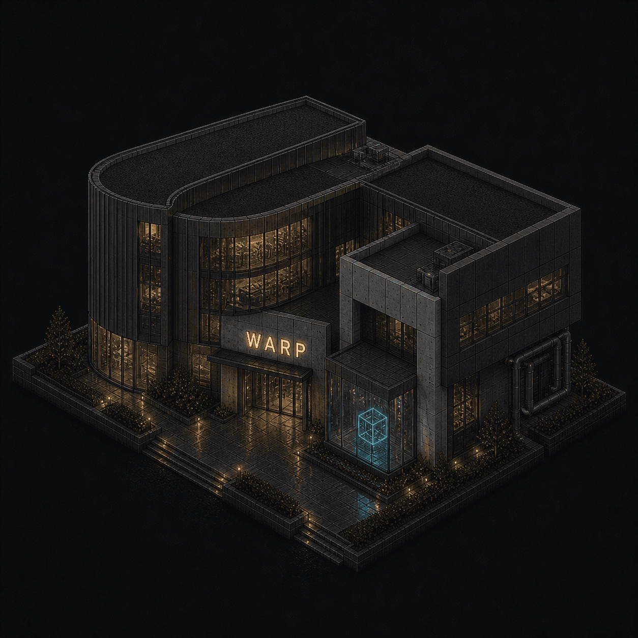 Isometric pixel-art headquarters of Warp