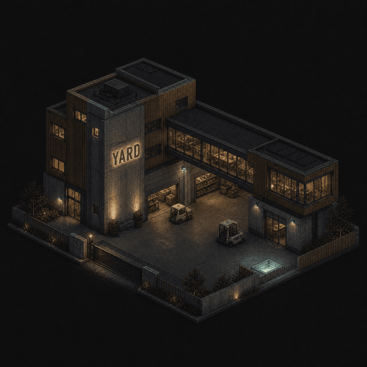 Isometric pixel-art headquarters of Yard