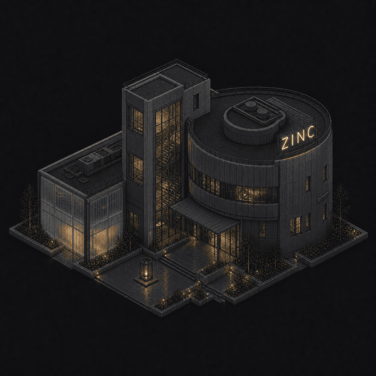Isometric pixel-art headquarters of Zinc