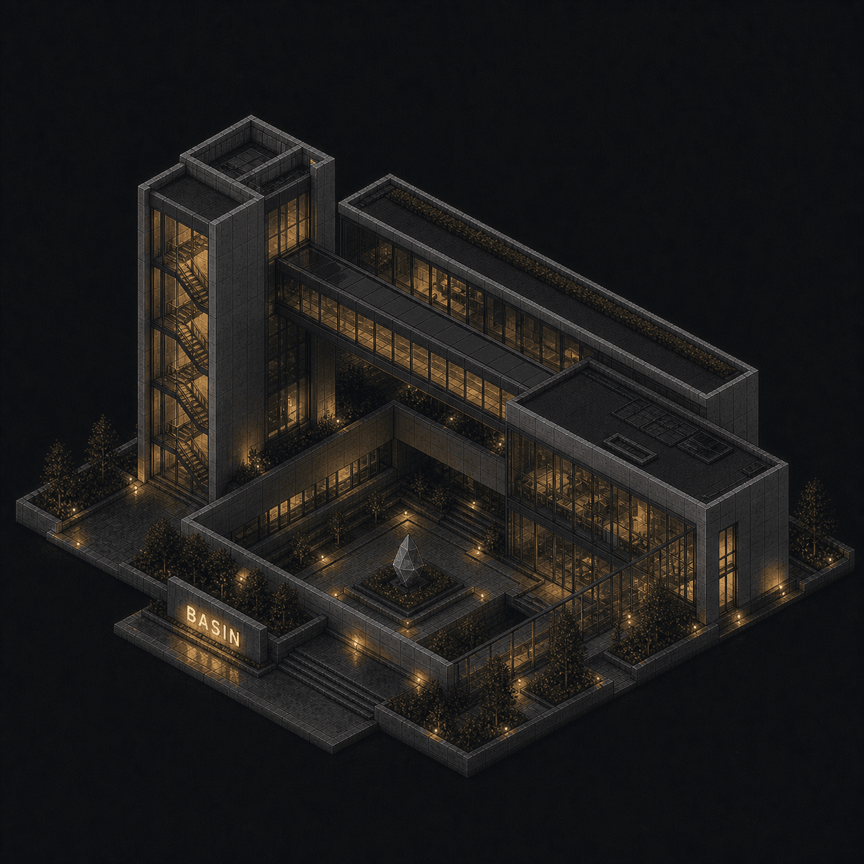 Isometric pixel-art headquarters of Basin