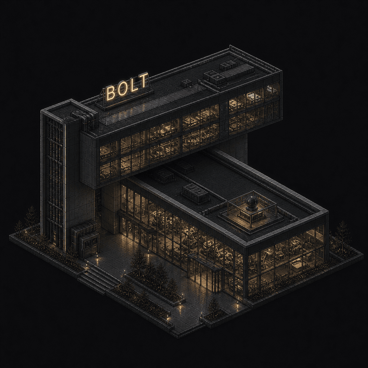 Isometric pixel-art headquarters of Bolt