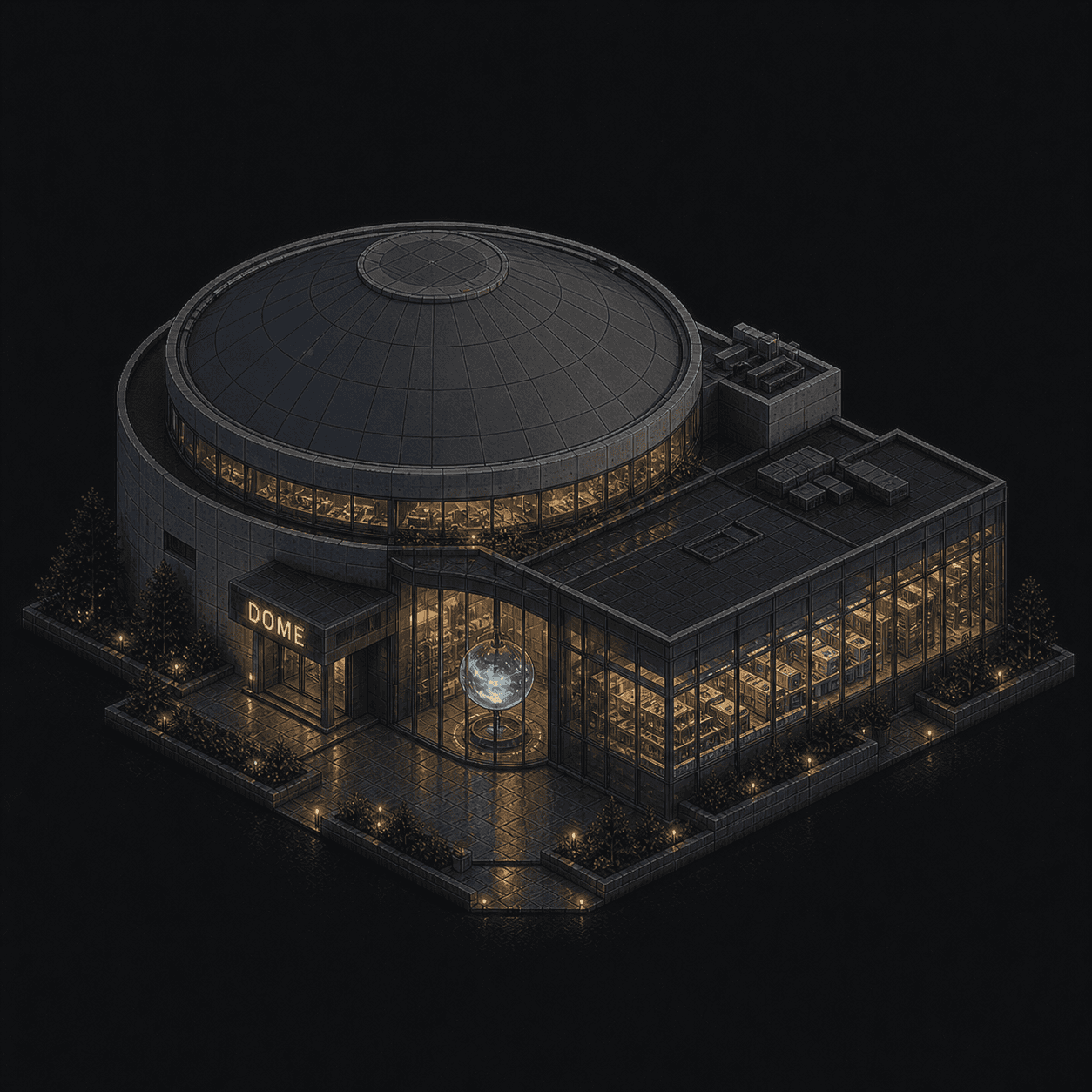 Isometric pixel-art headquarters of Dome