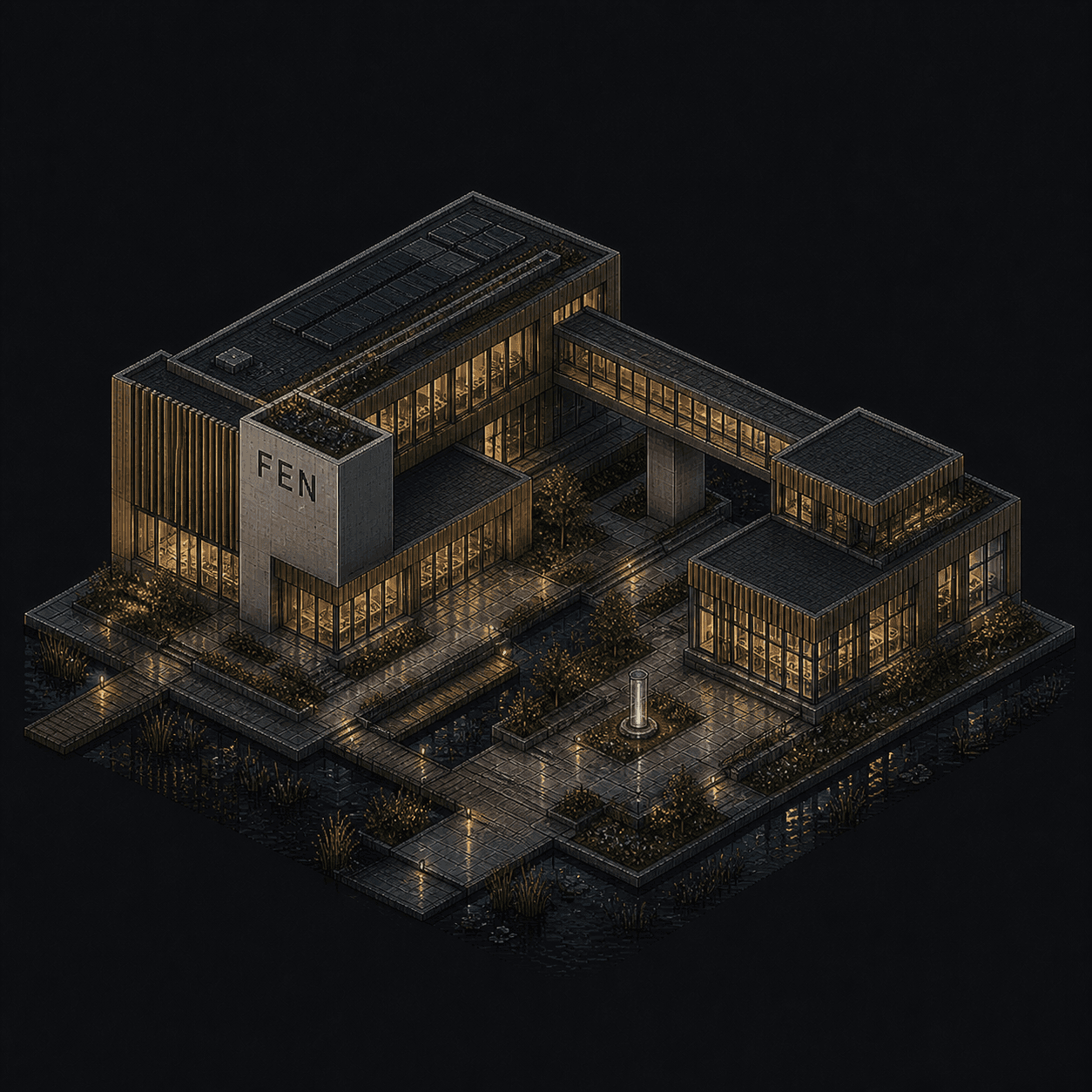 Isometric pixel-art headquarters of Fen