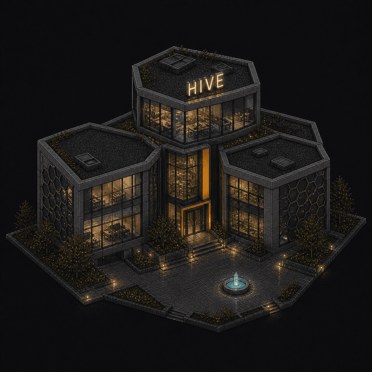Isometric pixel-art headquarters of Hive