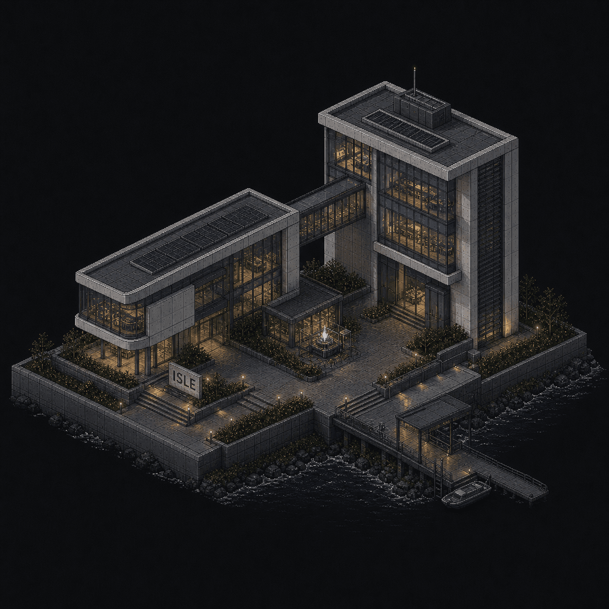 Isometric pixel-art headquarters of Isle