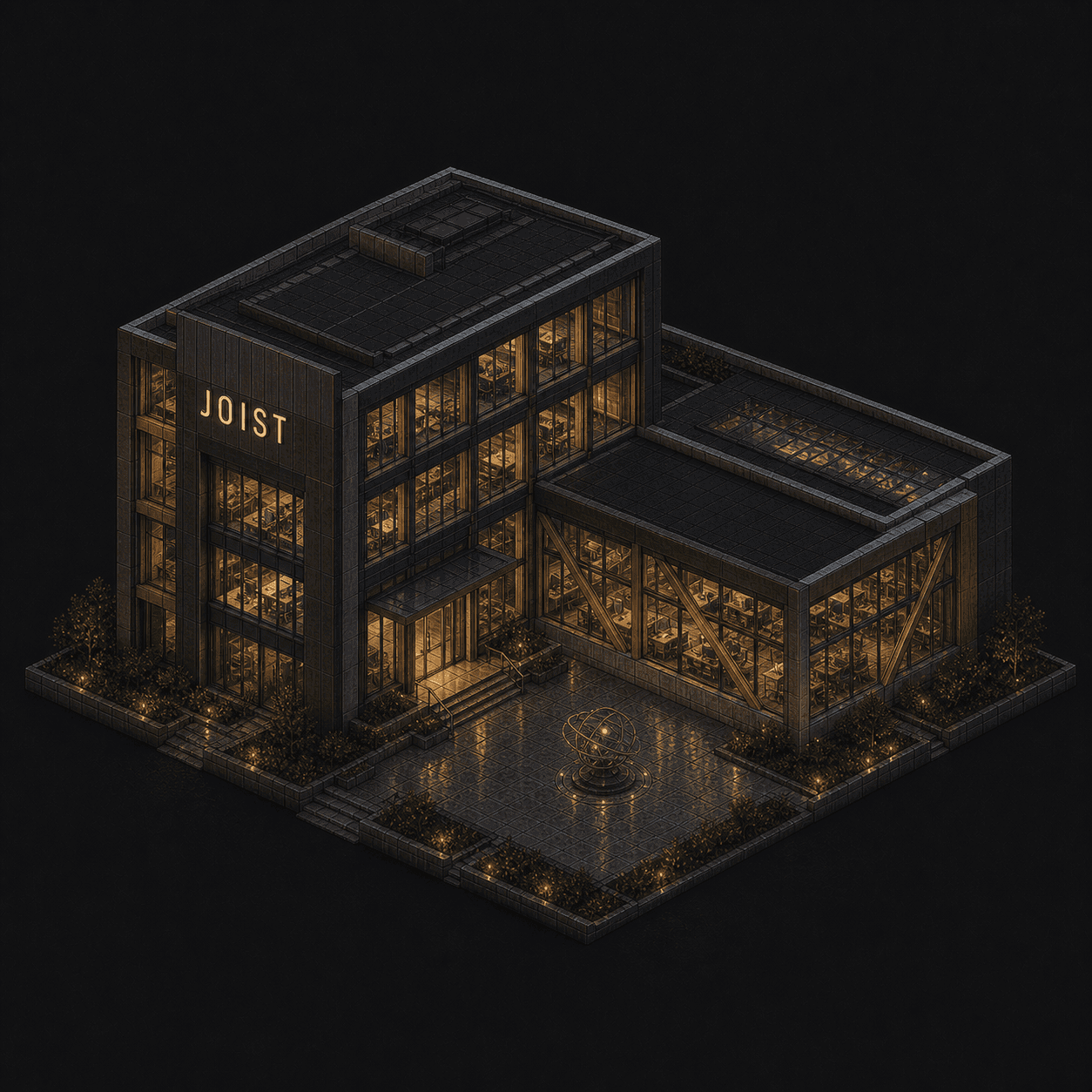 Isometric pixel-art headquarters of Joist
