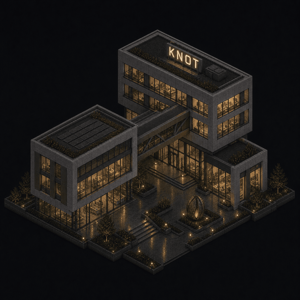 Isometric pixel-art headquarters of Knot