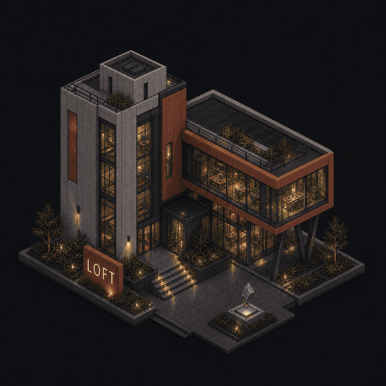 Isometric pixel-art headquarters of Loft