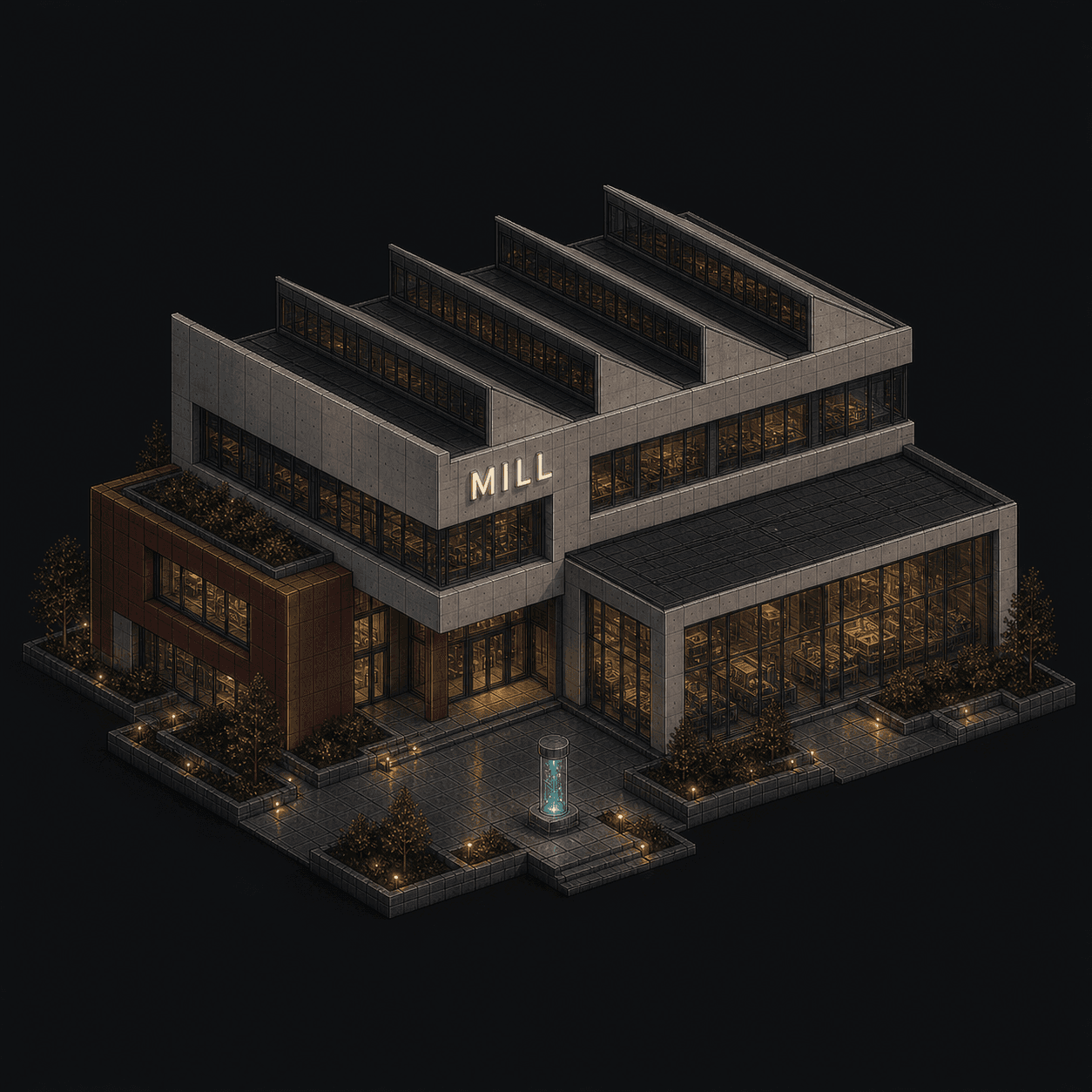 Isometric pixel-art headquarters of Mill