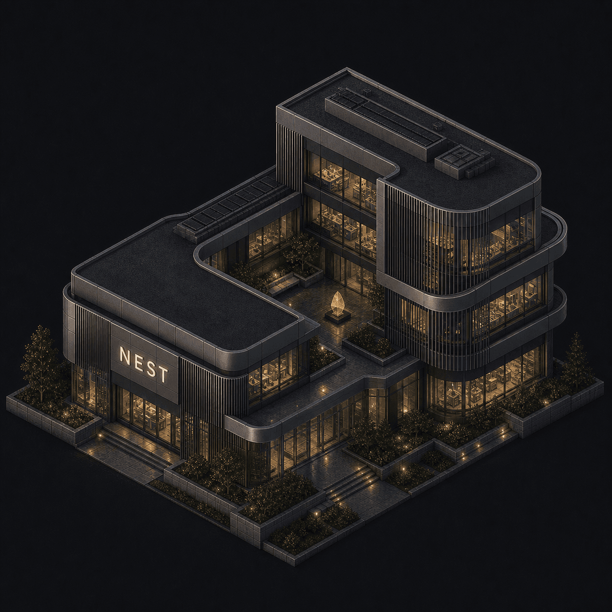 Isometric pixel-art headquarters of Nest