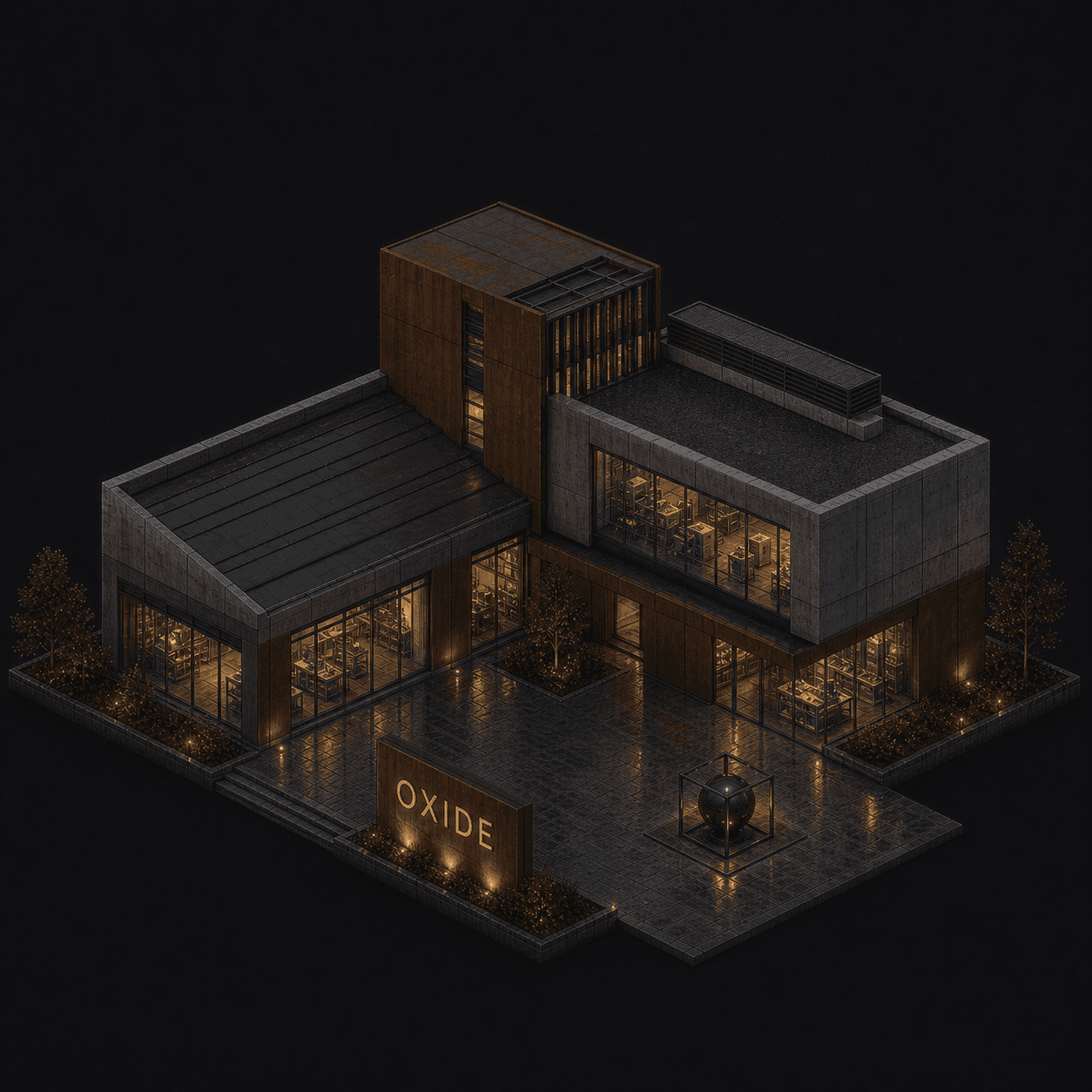 Isometric pixel-art headquarters of Oxide
