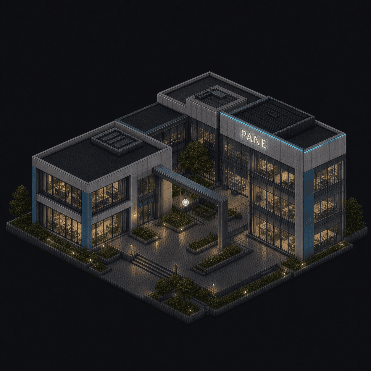 Isometric pixel-art headquarters of Pane