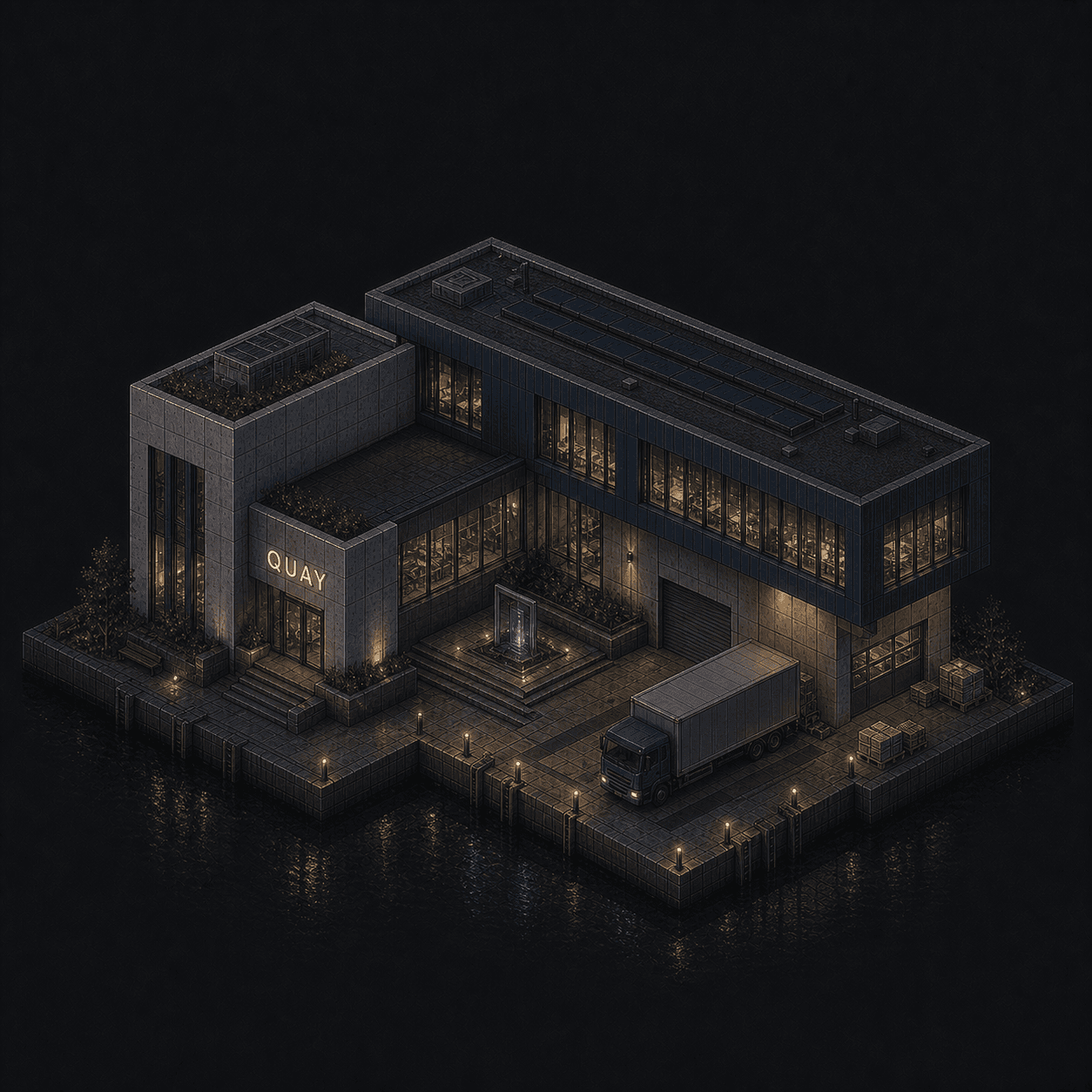 Isometric pixel-art headquarters of Quay