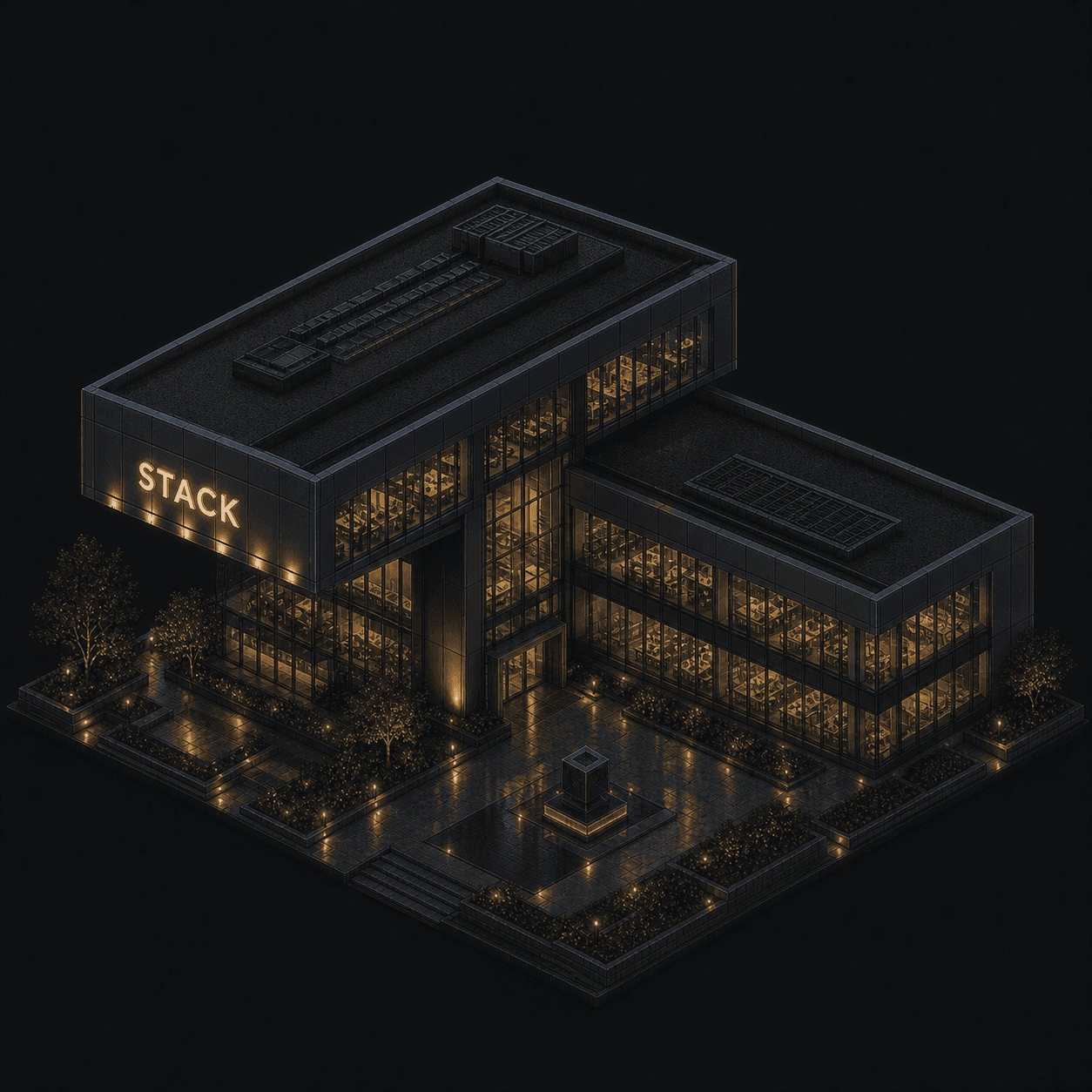 Isometric pixel-art headquarters of Stack
