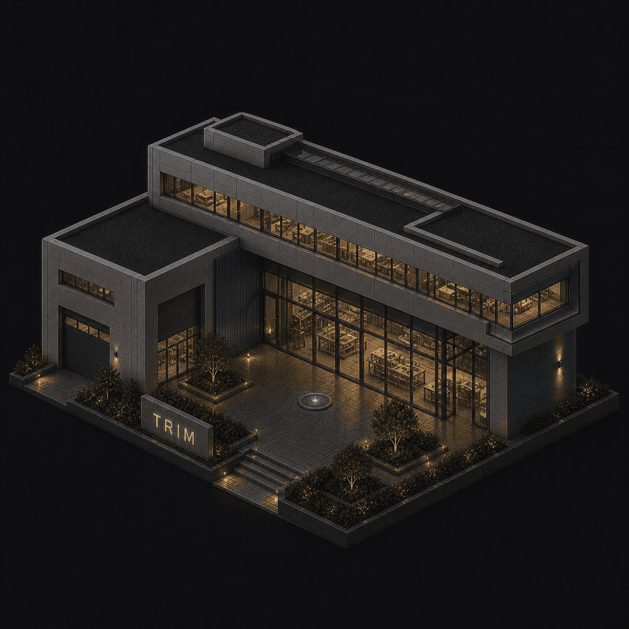 Isometric pixel-art headquarters of Trim