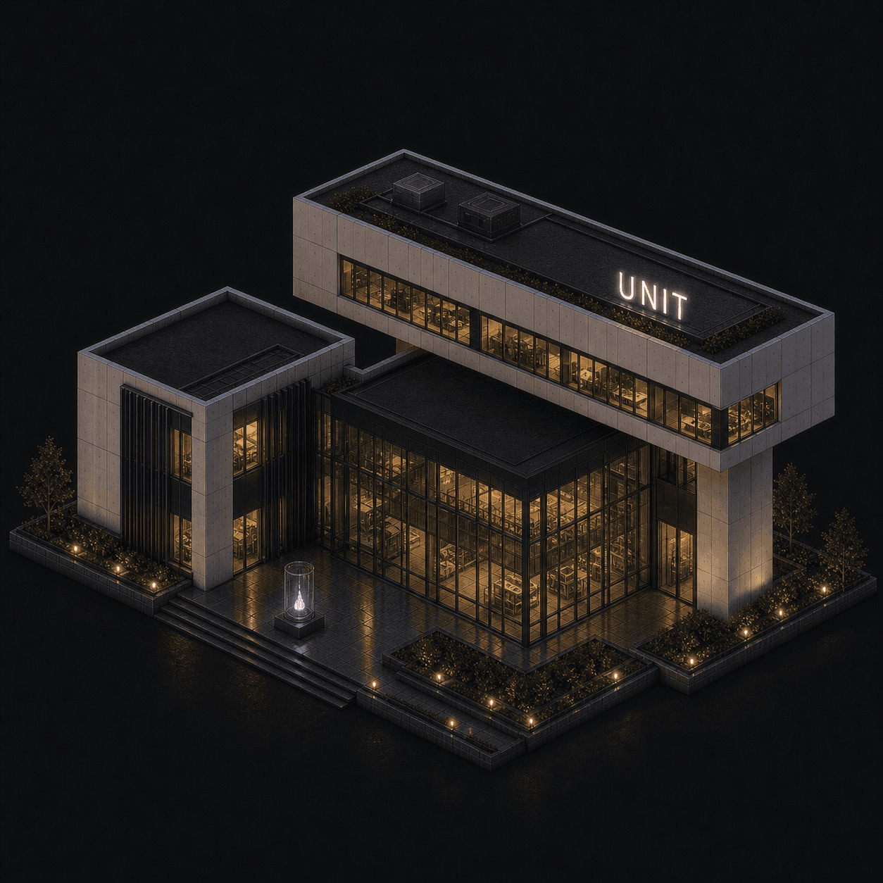Isometric pixel-art headquarters of Unit
