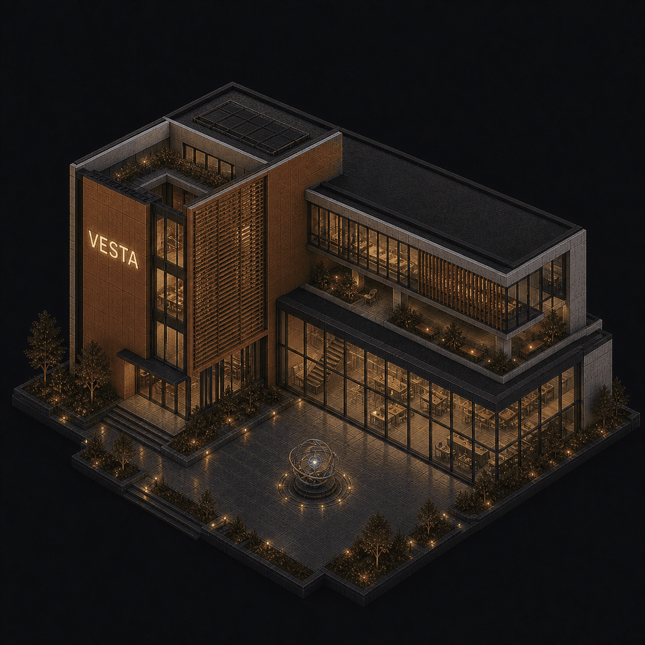 Isometric pixel-art headquarters of Vesta