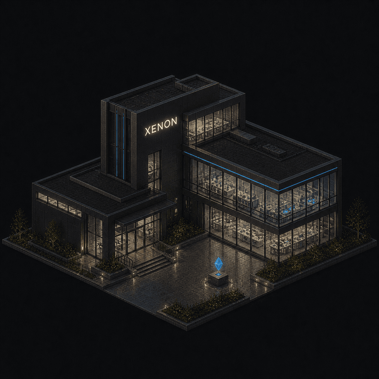 Isometric pixel-art headquarters of Xenon