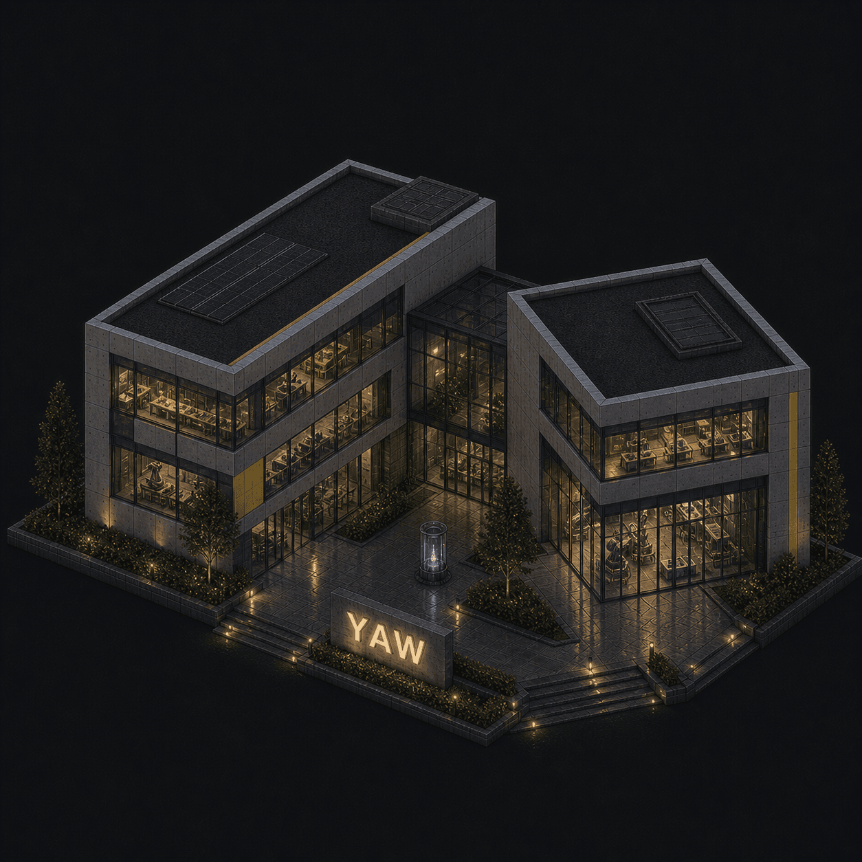 Isometric pixel-art headquarters of Yaw
