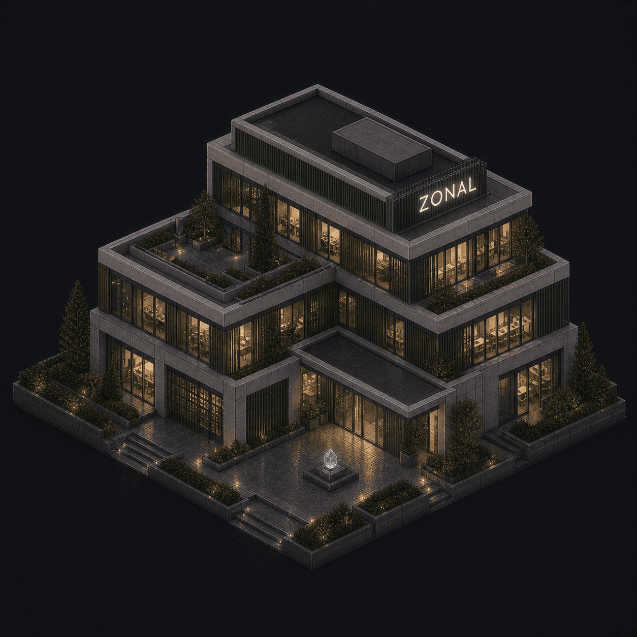 Isometric pixel-art headquarters of Zonal