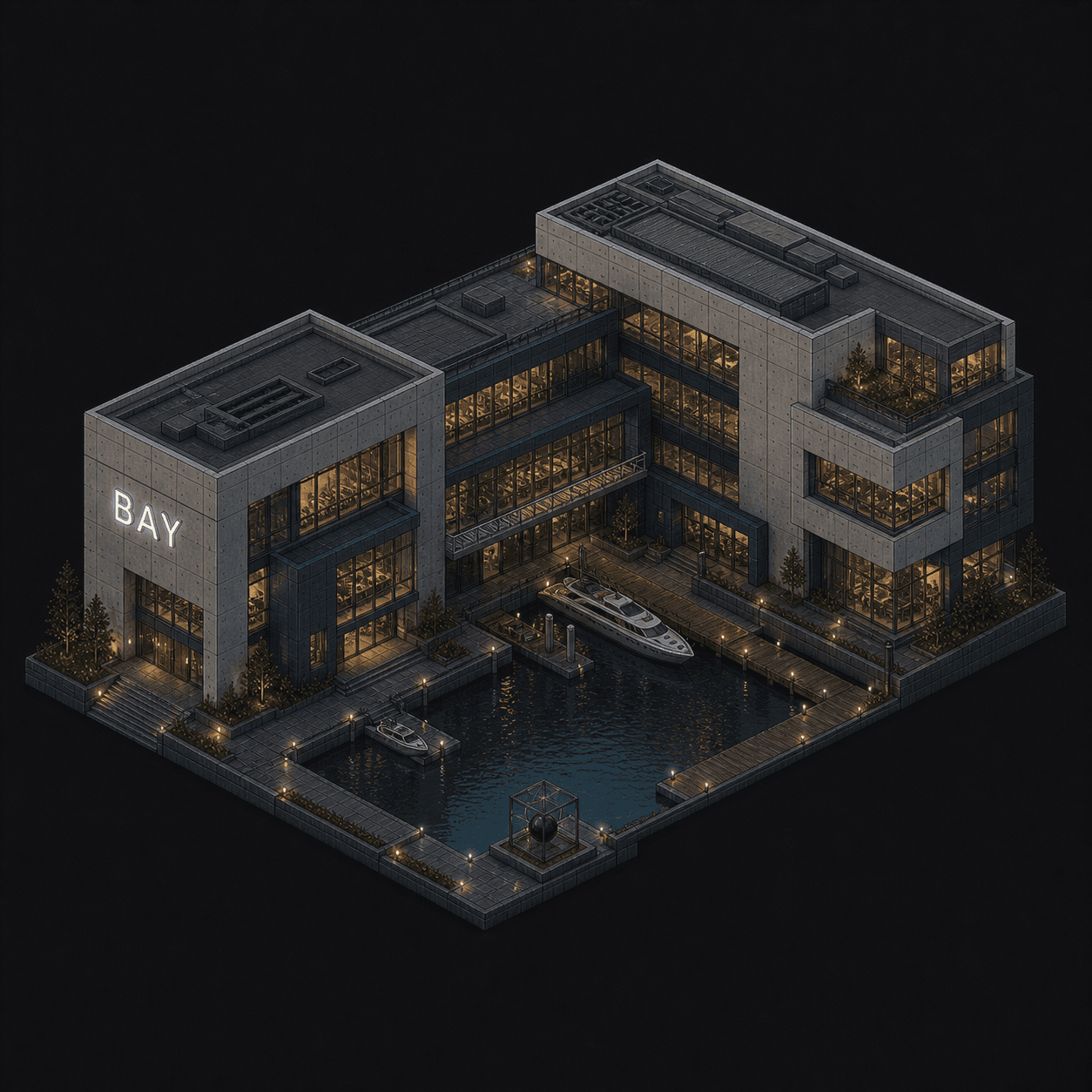 Isometric pixel-art headquarters of Bay