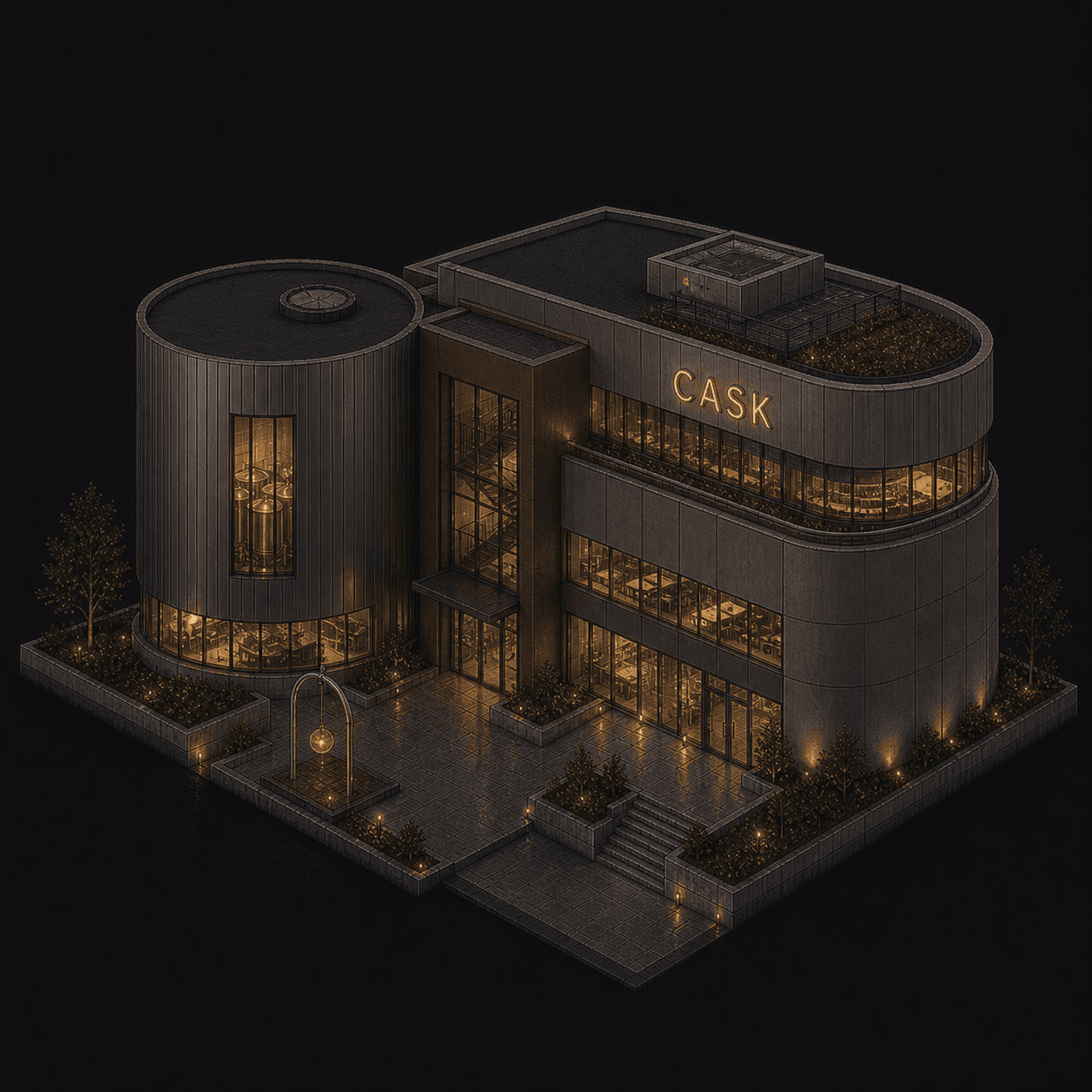 Isometric pixel-art headquarters of Cask