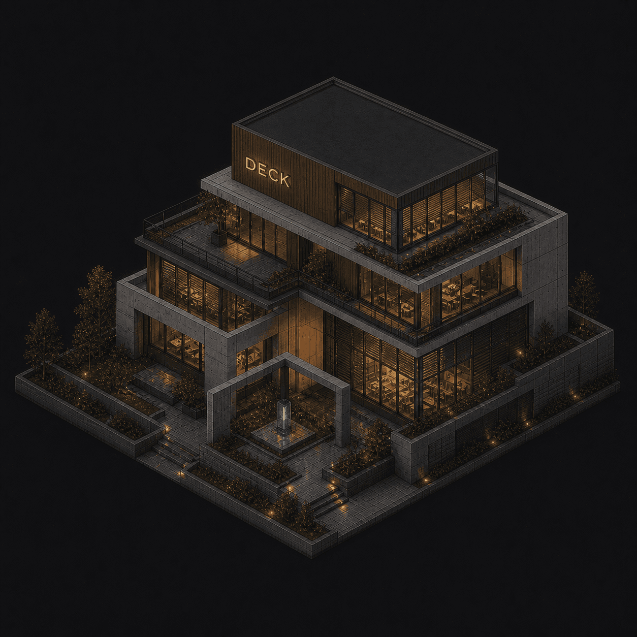 Isometric pixel-art headquarters of Deck