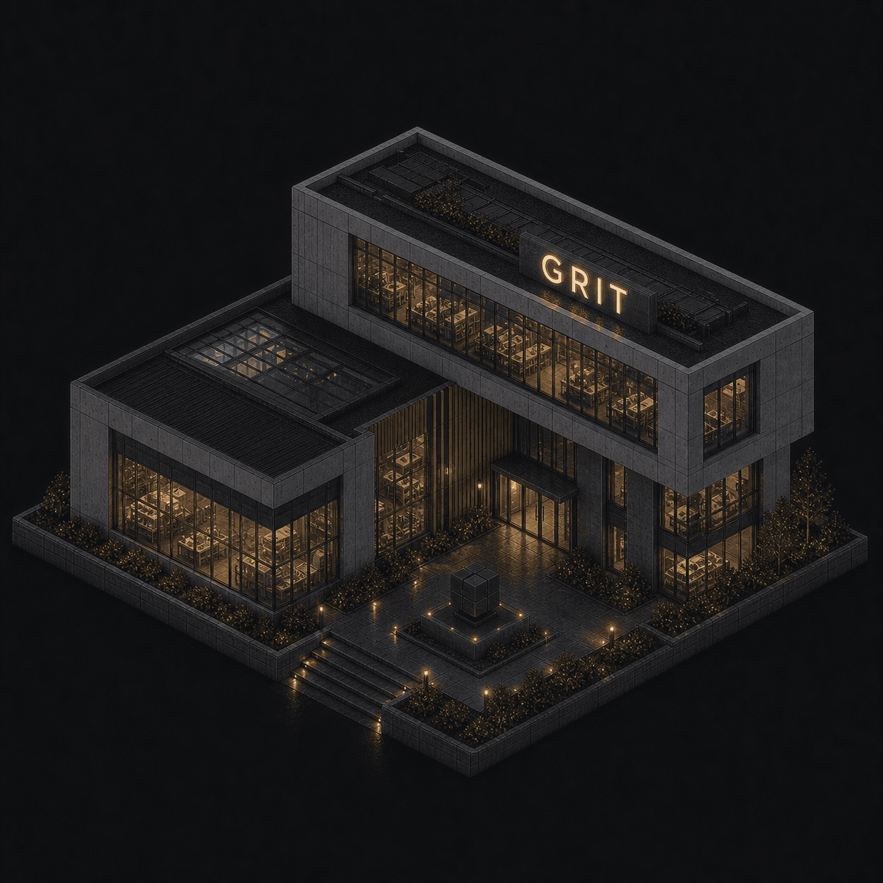 Isometric pixel-art headquarters of Grit