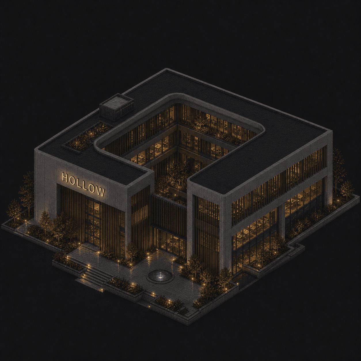 Isometric pixel-art headquarters of Hollow