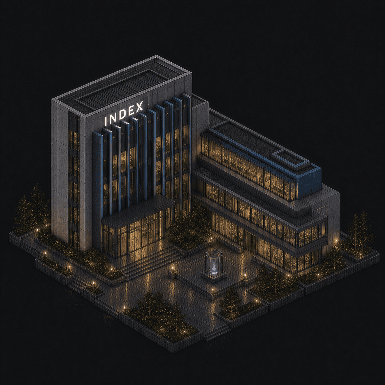 Isometric pixel-art headquarters of Index