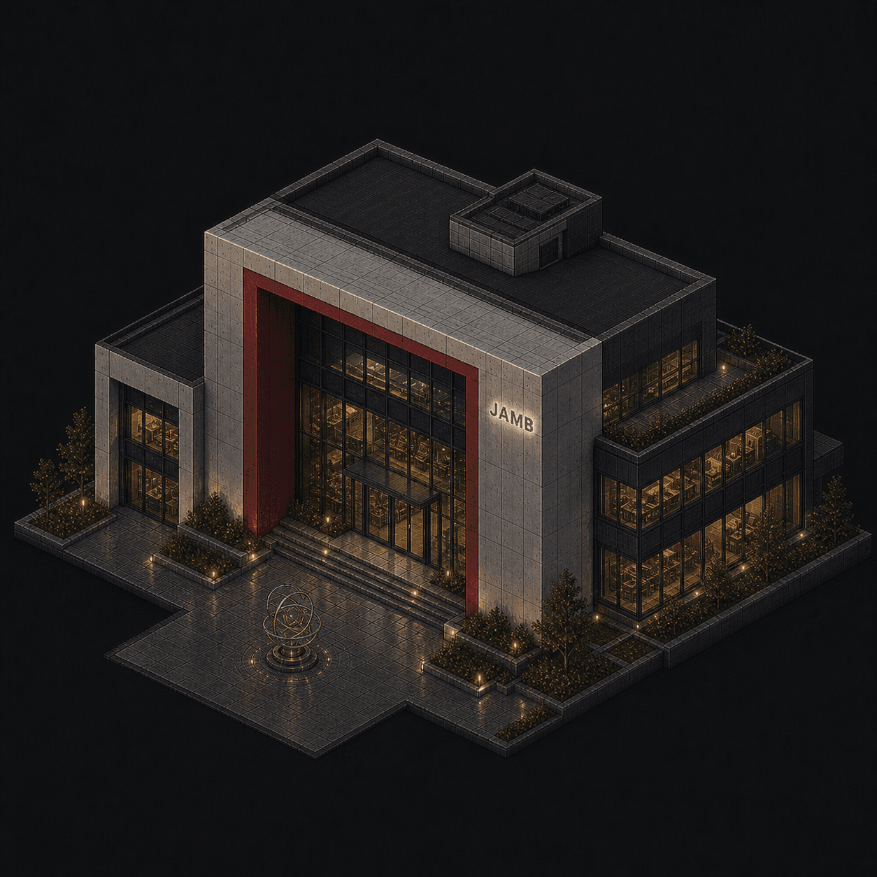 Isometric pixel-art headquarters of Jamb