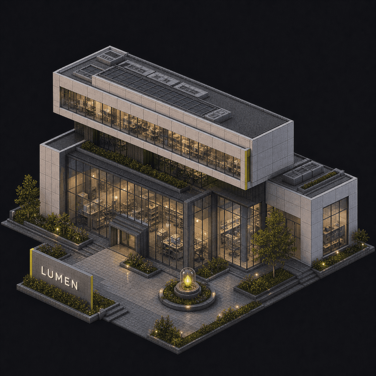 Isometric pixel-art headquarters of Lumen