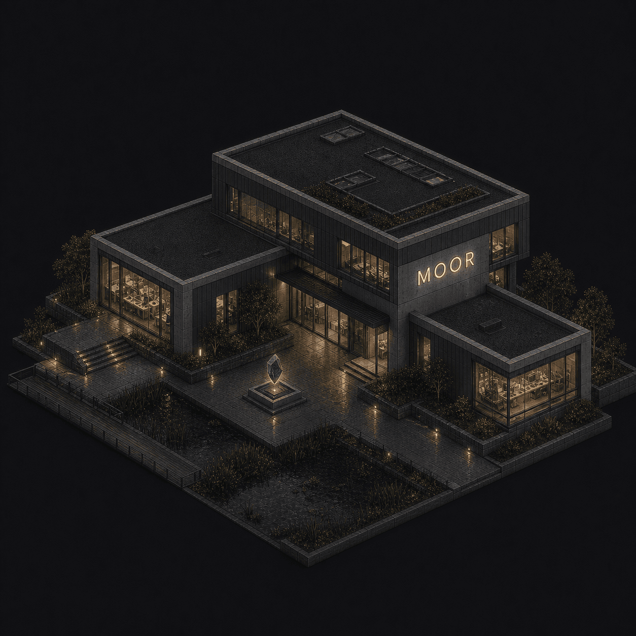 Isometric pixel-art headquarters of Moor