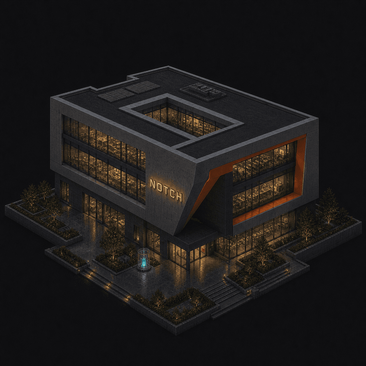 Isometric pixel-art headquarters of Notch