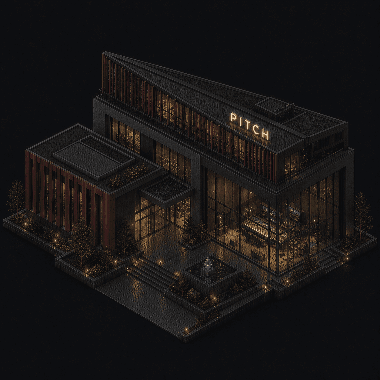 Isometric pixel-art headquarters of Pitch