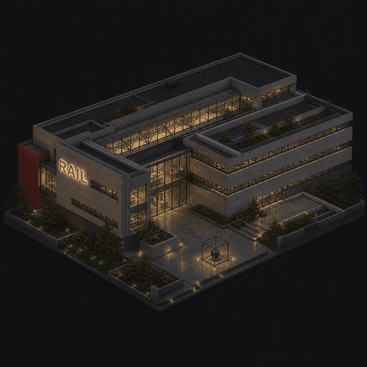 Isometric pixel-art headquarters of Rail
