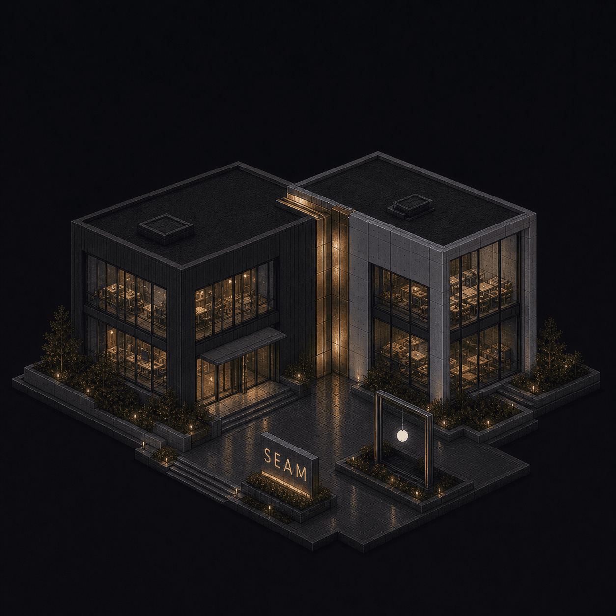 Isometric pixel-art headquarters of Seam