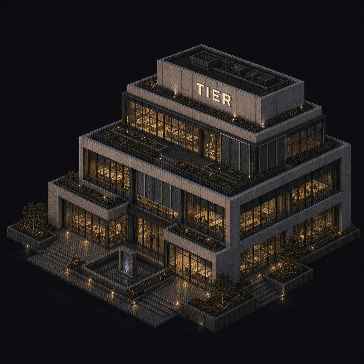 Isometric pixel-art headquarters of Tier